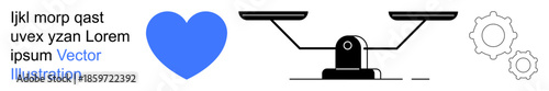 Justice, love, technical concepts, equality, decision-making, balance. Black balance scale, blue heart and gear icons. s equality and justice with love and technical concepts