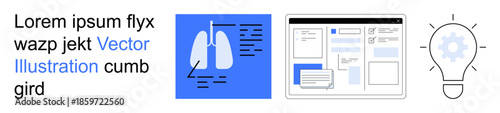 Medical research, graphic design, innovation, website interface, creative concepts, health technology. A lungs diagram, web layout design and light bulb icon. Medical research and graphic design