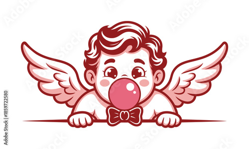 Cartoon cupid blowing a pink bubble gum bubble