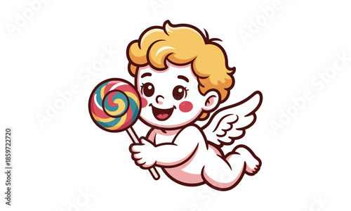 Cute cartoon cupid with blonde hair holding a lollipop