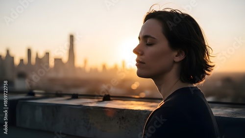 A woman finds peace through meditation on a city rooftop as the sun sets behind a silhouetted urban skyline.