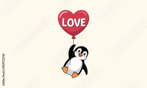 Cute cartoon penguin holding a red heart balloon with the word Love