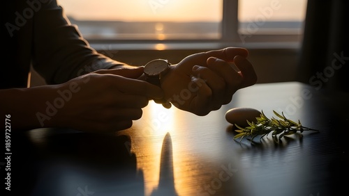 A person’s hands are silhouetted against a golden sunrise as they adjust a classic wristwatch at a table adorned with a fresh green sprig.