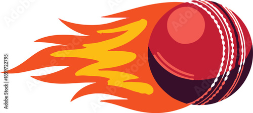 Red cricket ball with bold orange and yellow flames trailing on a white background sport game