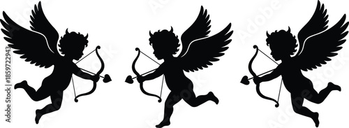 Cupid silhouette vector set with cherub angels holding bow and arrow for valentines day wedding invitations and romantic greeting cards