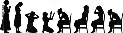Woman silhouette set expressing grief sadness prayer and despair in various sitting and kneeling poses for mental health and spirituality