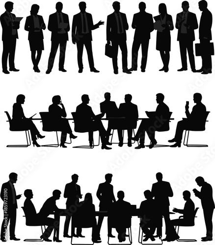Business meeting silhouettes collection, professional men women discussing together, corporate teamwork leadership conference concept