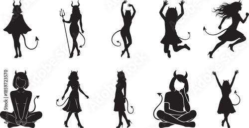 Silhouette collection of playful devils and demons depicted in various dynamic poses showcasing a whimsical and dark aesthetic