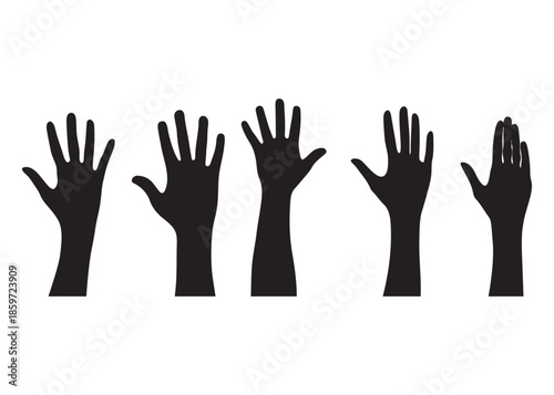 Row of hands reaching up in the air Silhouette. Hand vector silhouette. detailed hand gestures. Ideal arm. hands for illustrations, logos. icons. High quality graphics showcasing human interaction