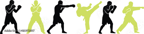 Martial arts silhouettes vector set with boxing karate kickboxing fighters training poses combat sport graphic design elements isolated on white