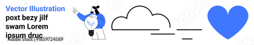 Innovation, inspiration, creativity, love, environmental ideas, teamwork. A person gestures to a lightbulb with clouds and a heart in a flat design. Innovation and creativity concept