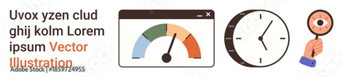 Business analytics, time management, performance monitoring, productivity tracking, data visualization, and research. A gauge meter, clock and hand with magnifying glass . Analytics and time