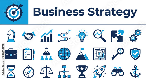 Business Strategy and Strategic Planning Vector Icon Set. Corporate Management, Success, Marketing, and Analysis Symbols. Blue Flat Design Style.