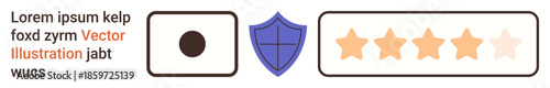 Internet security, protection standards, online reviews, data safety, trust metrics, quality assurance. Blue shield, star rating and black dot. Security and protection standards concept
