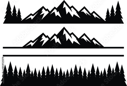 Mountain range and pine forest silhouette vector set for outdoor adventure logos camping decals nature landscape graphic design elements isolated