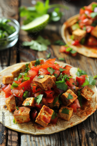 Delicious tofu tacos topped with fresh tomato salsa and cilantro, served on a ceramic plate with lime wedges.