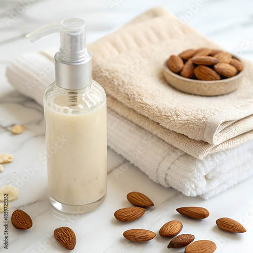 Vitamin E cream cleanser with almonds and soft towel.