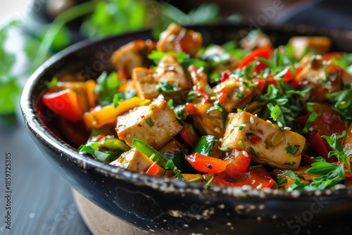 Stir-fried tofu and vegetables in a flavorful sauce, perfect for a healthy and delicious vegetarian meal.