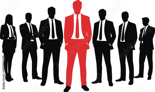 Business leader highlighted in red silhouette, corporate team standing together, leadership success concept isolated white
