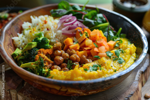 A vibrant Buddha bowl filled with roasted vegetables, grains, and fresh greens, perfect for a nutritious and colorful meal.