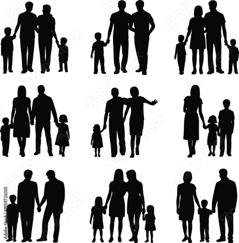 Family silhouettes collection showing parents children together, love, care, bonding, diversity, parenting concept illustration, design