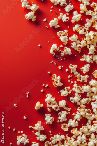 Popcorn scattered on a vibrant red background, creating a striking and appetizing visual contrast.