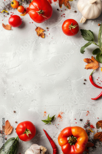 Fresh vegetables and spices arranged on a dark slate background, perfect for cooking or food photography.