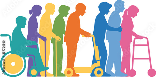Diverse aging people silhouettes illustration, seniors with disabilities mobility aids, healthcare support inclusion concept