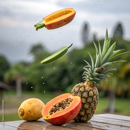 Tropical fruits and vegetables levitating midair.