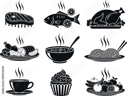Black and White Food Icon Set with Meat Fish Chicken Soup Pasta Coffee Cup Cupcake and Fruit Platter Vector Illustration