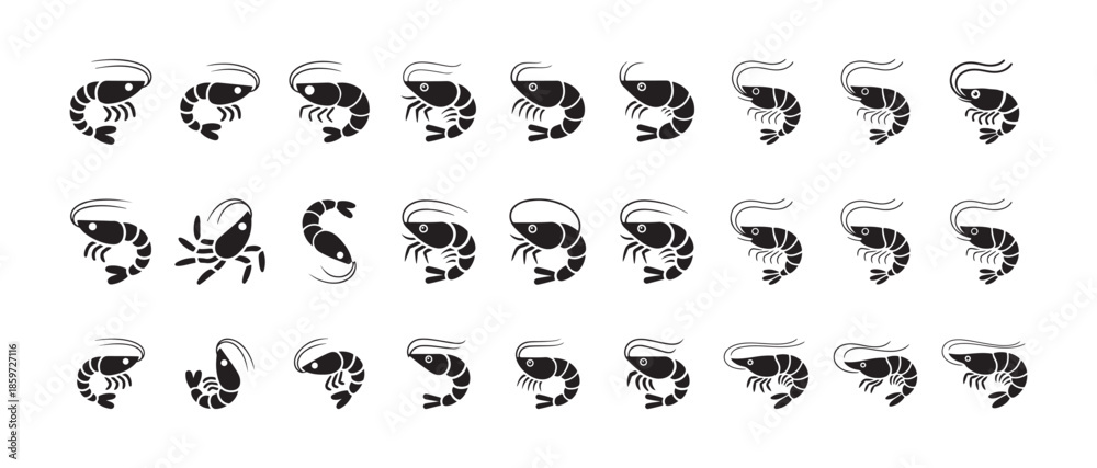 Fototapeta premium Different views of stylized shrimp icons presenting various natural swimming and curling positions