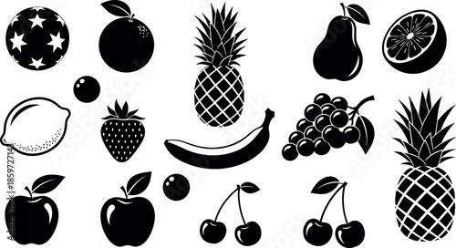 Black fruit silhouettes collection including pineapple apple banana grape strawberry lemon orange pear and cherry icons set for graphic design elements