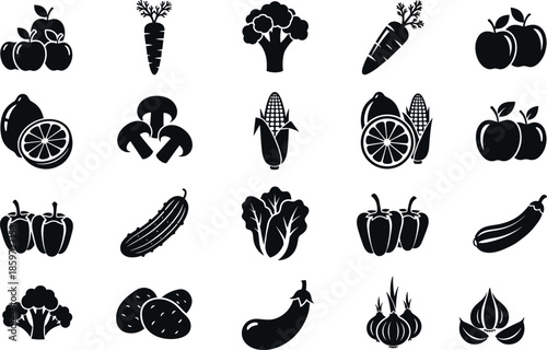 Black silhouette vegetable and fruit icon set with flat organic food symbols isolated on white background for healthy diet design