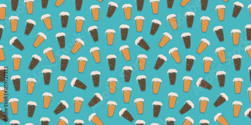 Beer in a glass. Seamless pattern. Line art. Alcoholic drink, glass goblet. Vector illustration, repeating background.