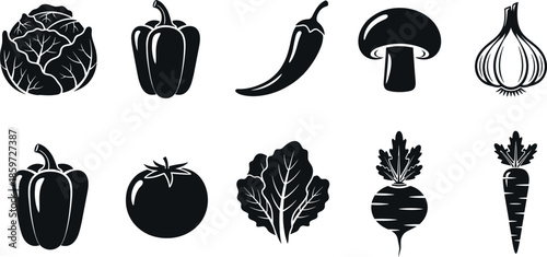 Collection of ten black and white vegetable icons including cabbage bell pepper chili mushroom garlic tomato lettuce beet and carrot