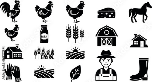 Collection of Farm and Agriculture Icons Featuring Farmer Rooster Horse Barn Wheat Field Milk Cheese Gloves Boot Leaf and Rural House