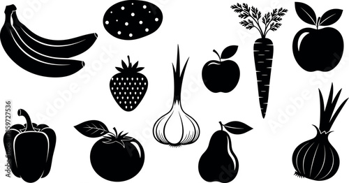 Fresh Organic Fruit and Vegetable Silhouette Collection Icon Set featuring Bananas Apples Carrots Onions Garlic Peppers and Strawberries for Healthy Food Design
