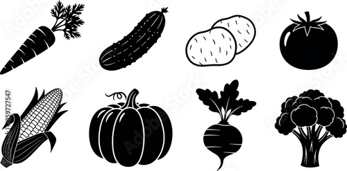 Fresh organic vegetable set icons collection featuring carrot cucumber potato tomato corn pumpkin beet and broccoli isolated on white background