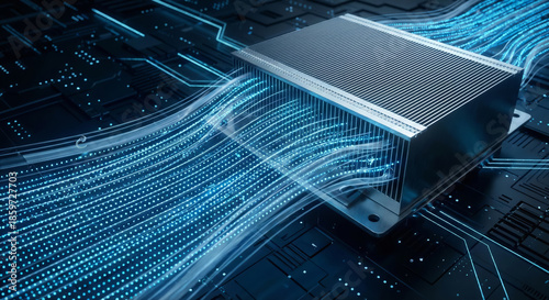 Cooling system for data center shows airflow and technology features.