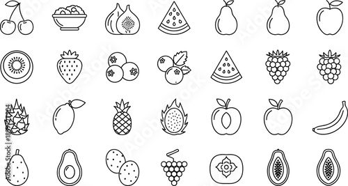 Fruit Icon Set Line Art Design Elements with Apple Banana Watermelon Strawberry Grapes Pineapple Avocado Papaya Kiwi and Tropical Berries