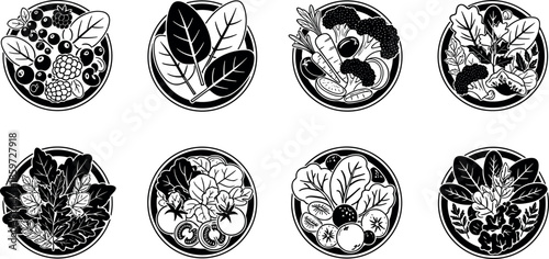 Set of eight black and white circular vector icons featuring healthy organic salads fresh vegetables leafy greens and berry bowls