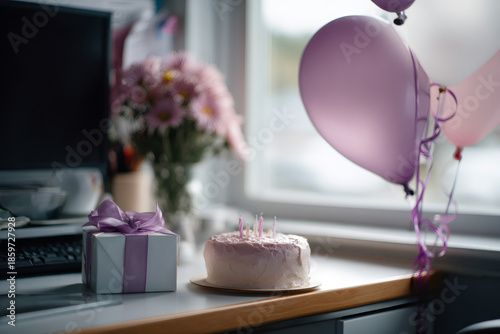 Birthday cake with candles and gift box on an office desk. Workplace celebration with pink balloons and flowers. Corporate party concept