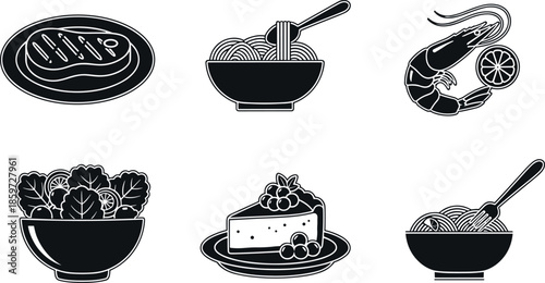 Set of minimalist black and white food icons featuring grilled steak, noodles, shrimp with lemon, fresh salad, cheesecake and pasta. (Exactly 20 words)