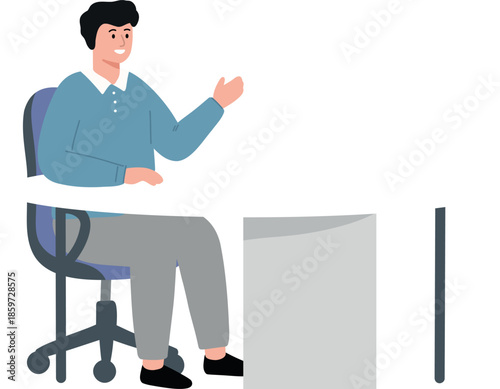 Man Sitting at Desk Explaining