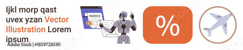 Automation, AI integration, finance management, invoicing, tax calculation, technology advancement. a robot with a tax symbol and airplane icon. Automation and AI integration concepts