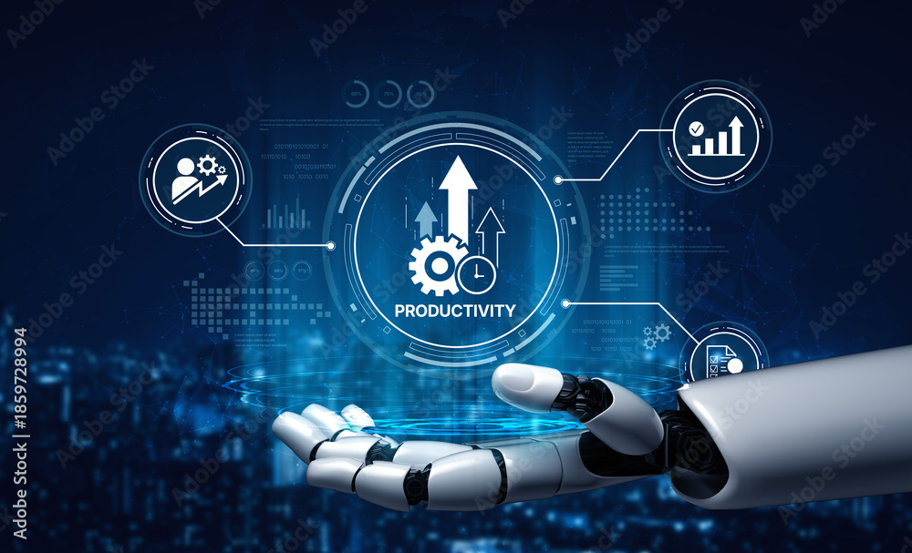 Fototapeta premium AI boosts workplace productivity with smart tracking tools, workflow optimization, and digital assistants that streamline business operations and enhance efficiency. Artificial intelligence spline