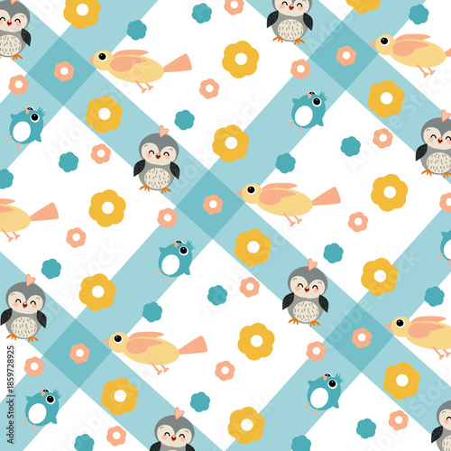 Pattern con graziosi uccellini e fiori colorati, illustrazione per infanzia