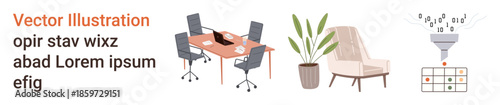 Workspaces, office aesthetics, business, data organization, productivity, workflow solutions. Office setup with chairs, desk plant and data process funnel. Workspaces and business