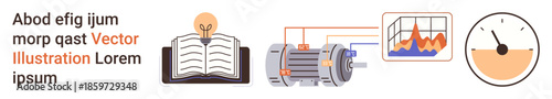 Education, energy systems, innovation, mechanical engineering, technical analysis, performance measurement. Open book, motor diagram graph and speedometer icons. Education and energy systems