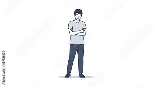 Minimalist Illustration of a Pensive Young Man Standing with Crossed Arms in Casual Attire